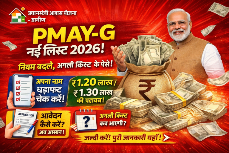 PMAY-G नई लिस्ट 2026 का पोस्टर जिसमें प्रधानमंत्री आवास योजना ग्रामीण की जानकारी, ₹1.20 लाख से ₹1.30 लाख की सहायता राशि, किस्त अपडेट और नाम चेक करने का विकल्प दिखाया गया है, लाल बैकग्राउंड के साथ।